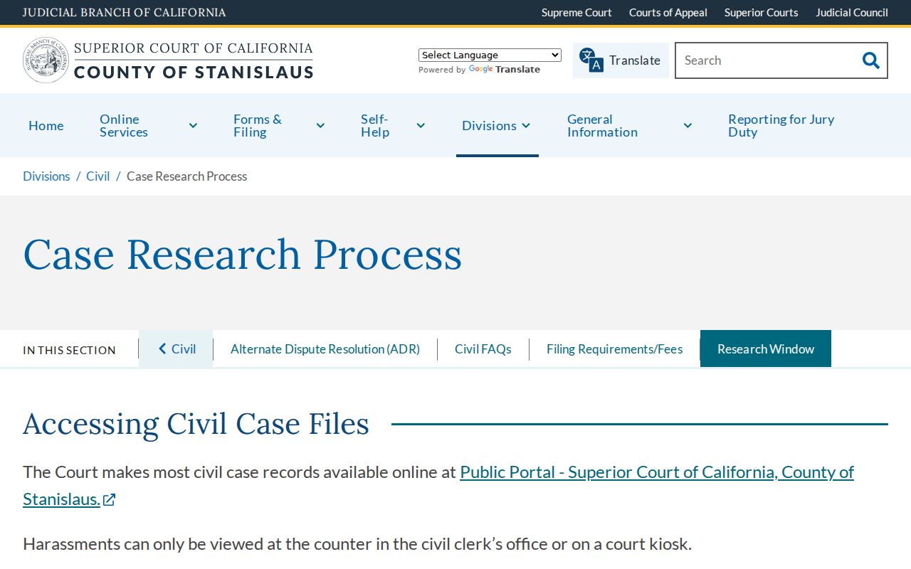 Ceres public records Stanislaus Superior Court case research process
